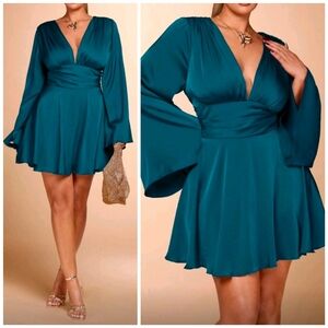 NEW Flowy Ruched Plunge Angel Sleeve Mini Dress PLUS Satin Teal Blue Green